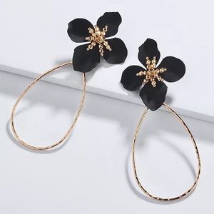 2/$35🖤 Gold Plated Black Oversized Floral Teardrop Hoop Earrings